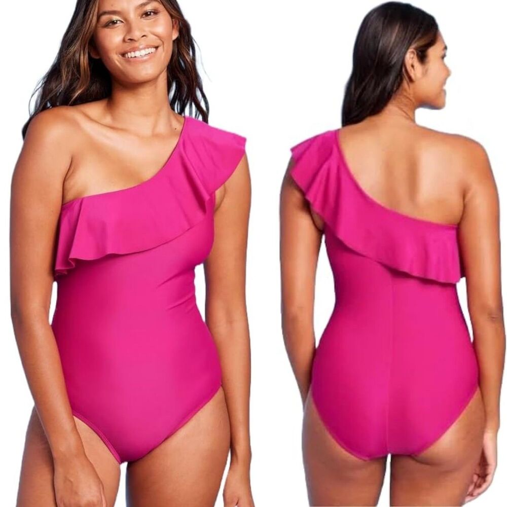 Kona Sol Pink One Shoulder Swimsuit Sz Medium Ruffle Pink Beach Resort Coquette